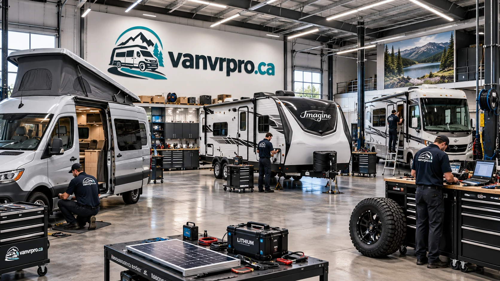 Atelier de réparation de VR avec roulotte, motorisé et van aménagée en cours de travaux, établis et outillage