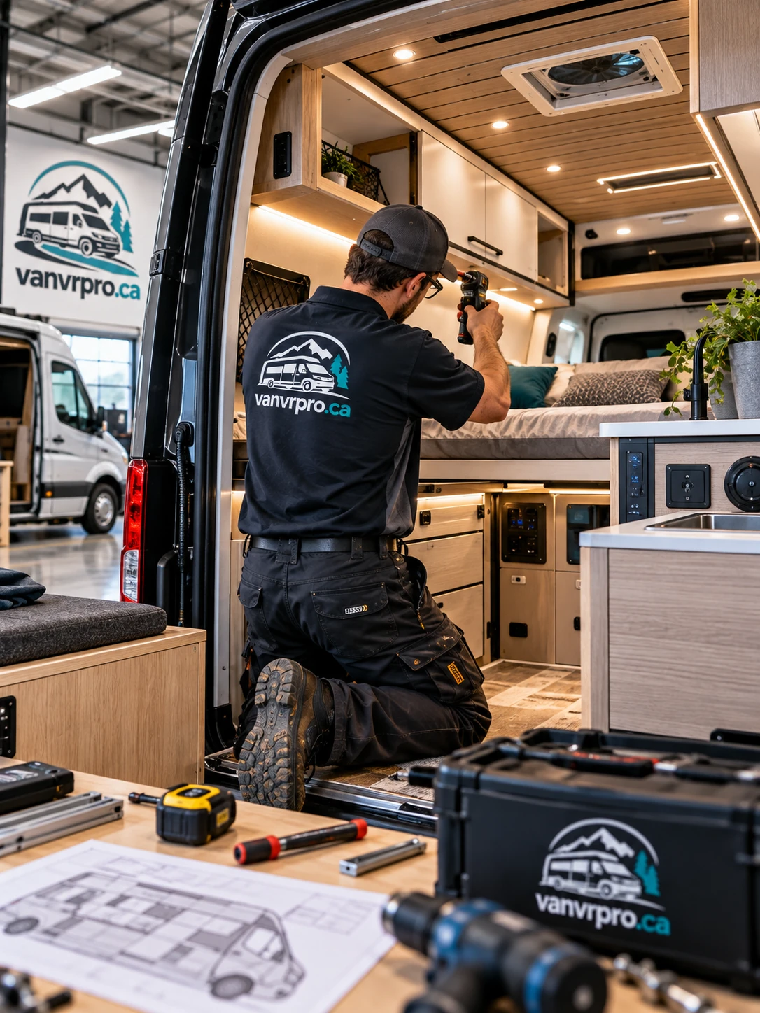 Technicien assemblant le mobilier intérieur d'une van aménagée, avec cuisine, lit et rangements en cours de pose
