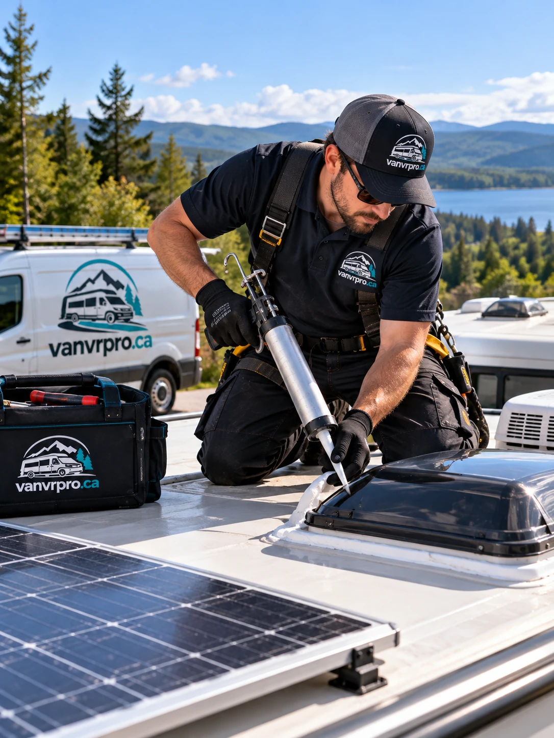 Technicien appliquant un scellant autour d'un lanterneau sur le toit d'un véhicule récréatif, panneau solaire à côté