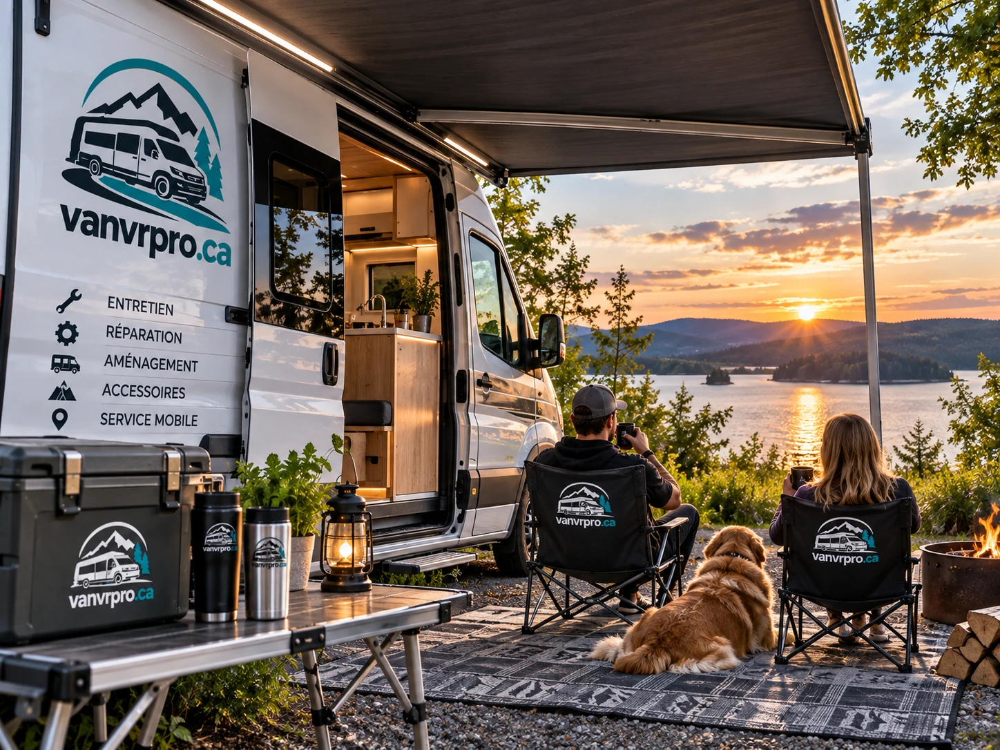 Van aménagée installée en camping au bord d'un lac au coucher du soleil, auvent déployé et coin repas extérieur